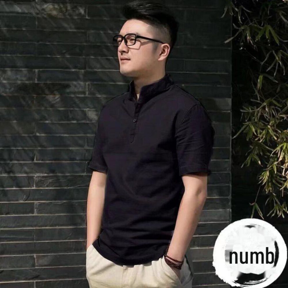 (black, L) Men's Retro Chinese Style Cotton Linen Stand Collar Short-Sleeved Pullover Shirt