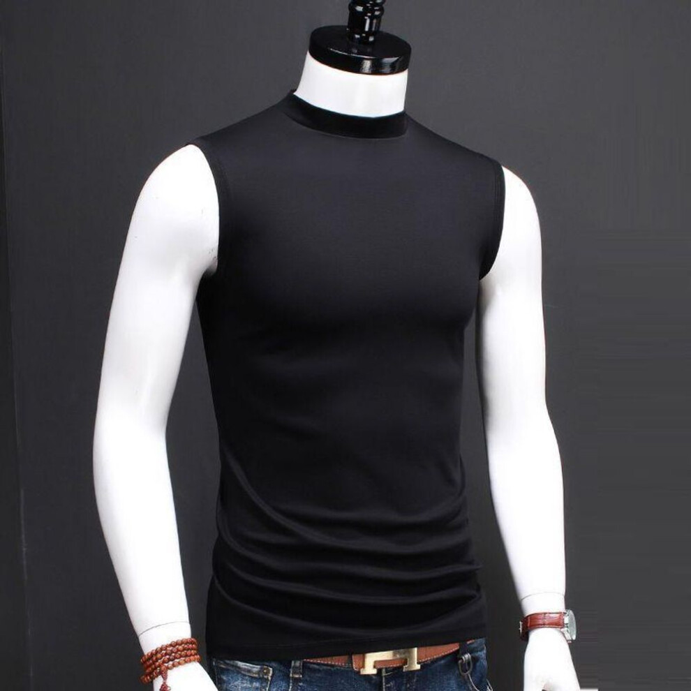 (black, 2XL) Men's Trendy Sleeveless Ice Silk Slim T-shirt With Half Turtleneck