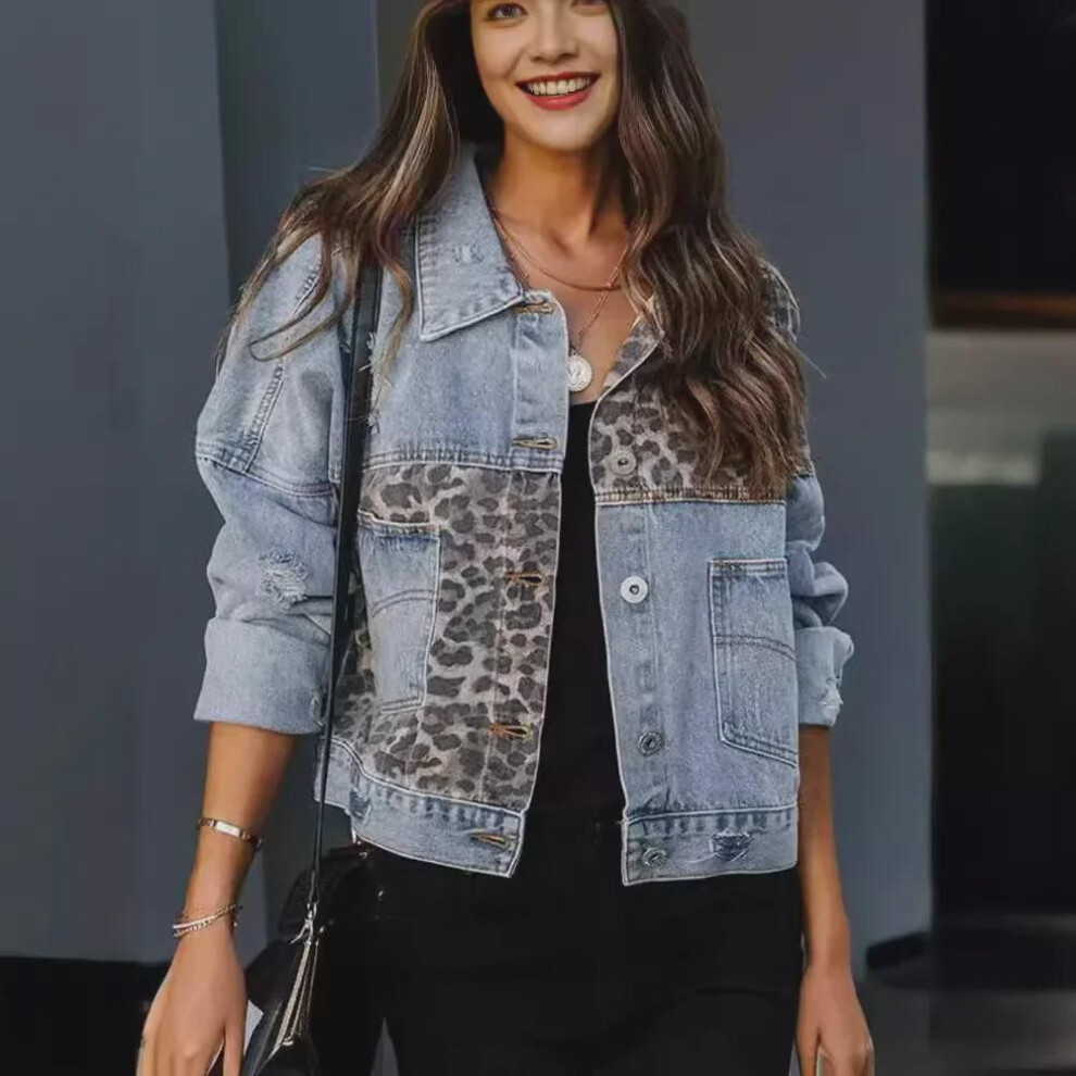 (light blue, S) Women's Leopard Print Stitching Denim Jacket - Long Sleeve, Autumn/winter European And American Style