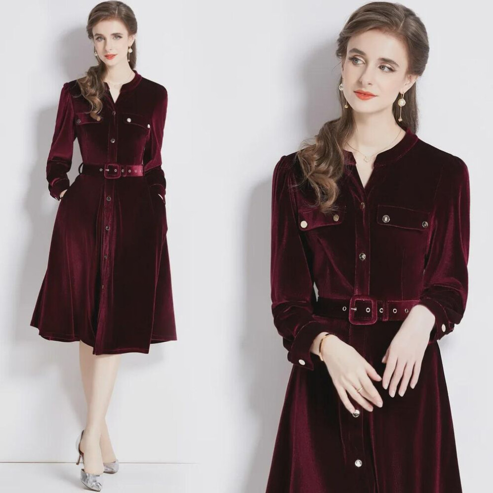 (wine red, XXL) 2023 Autumn/winter Elegant Velvet A-line Dress: Long-sleeved, Medium-length, Lace-up Waist, Large Swing Skirt
