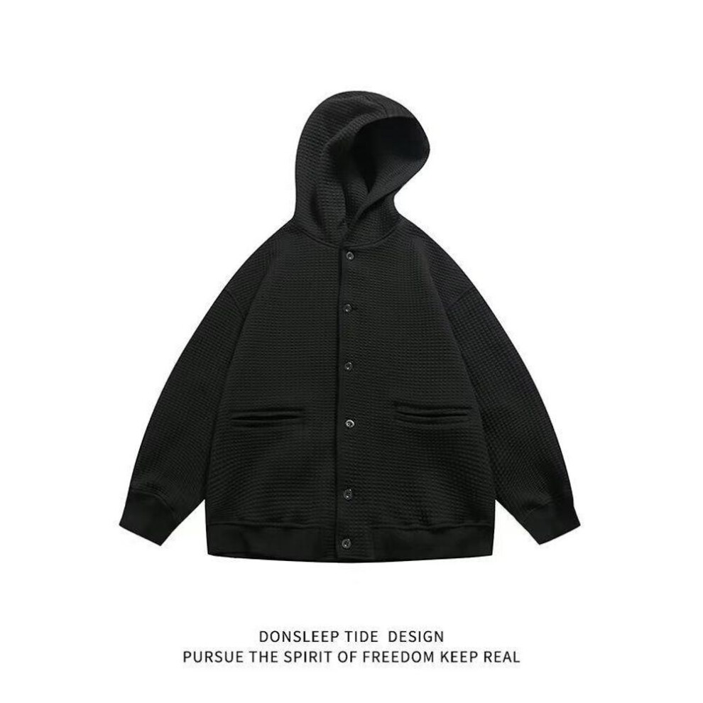 (black, L) Men's Japanese-Style Waffle Knit Hooded Cardigan