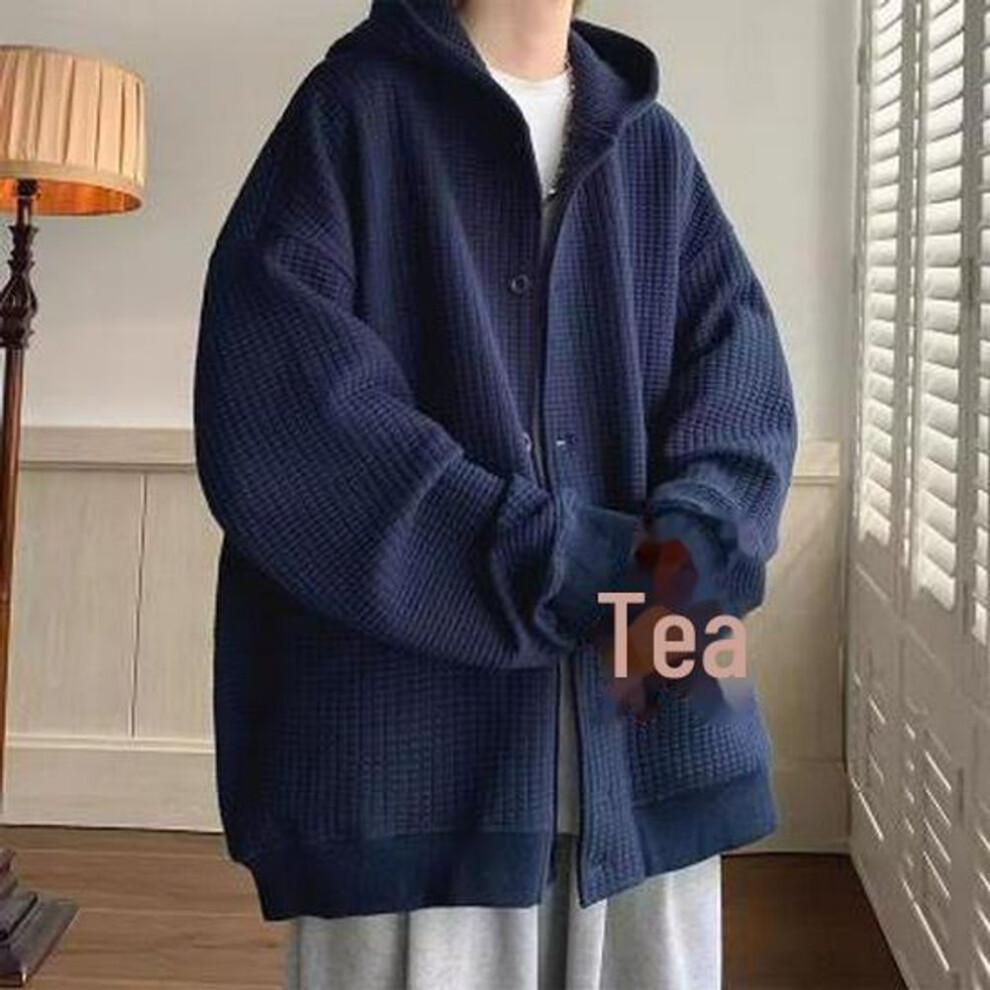 (dark blue, L) Men's Japanese-style Waffle Knit Hooded Cardigan