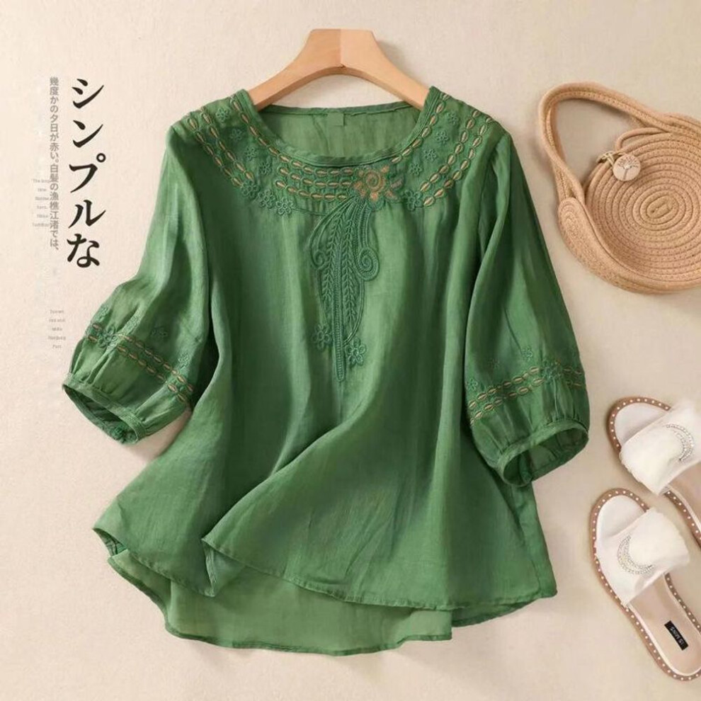 (green, XXXL 150-165) "2024 Summer Embroidered Cotton-linen Retro Top: Short-sleeve, Slim Fit, Loose, Versatile Pullover