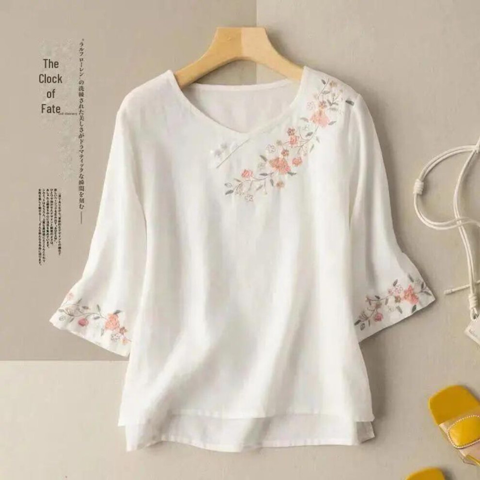 (white, 3XL 155-175cm) Women's Summer 2024 Retro Embroidered Cotton-Linen 3/4 Sleeve T-Shirt