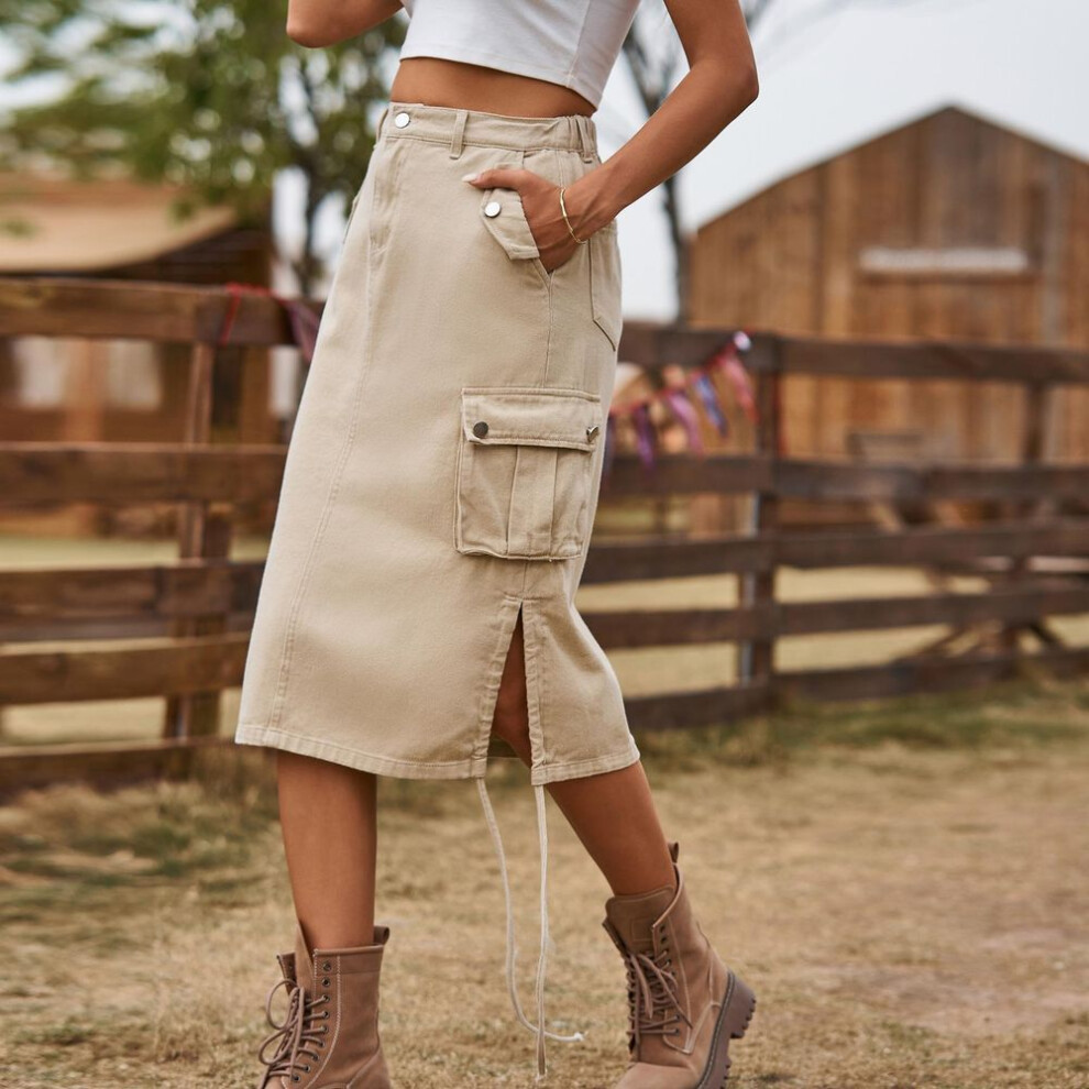 (light khaki, L) "lace-up Denim Work Skirt: Trendy European & American Mid-length Skirt For Women