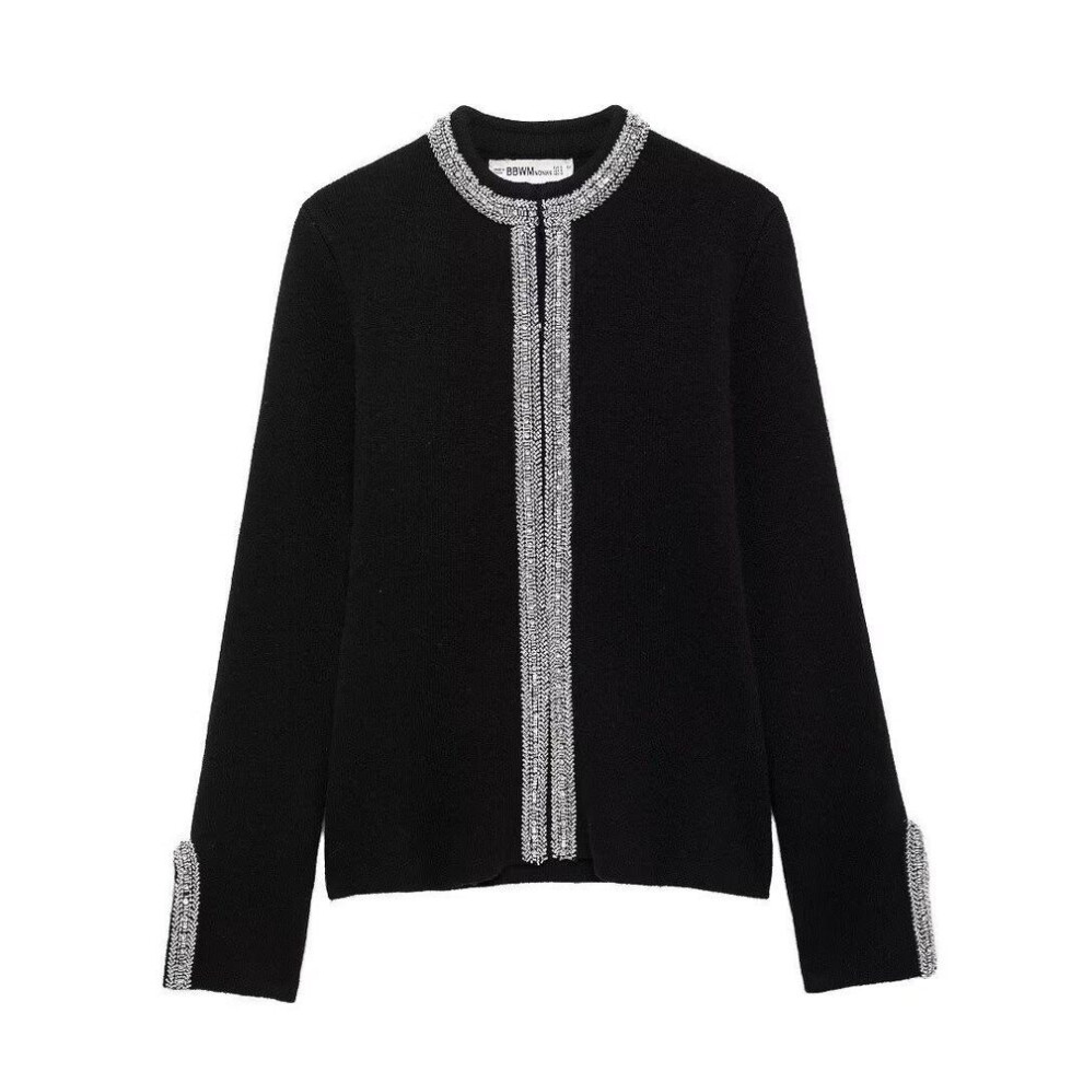 (black, M) "european & American Style Beaded Round Neck Knitted Jacket For Women