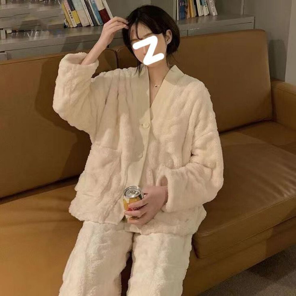 (L) Women's Long-Sleeve V-Neck Flannel Pajama Set – Thick Coral Fleece for Autumn/Winter, Indoors/Outdoors.