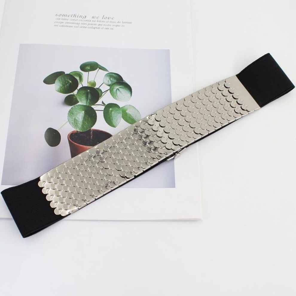 (silver) Women's Fashion Metal Elastic Belt With Fish Scale Pattern - Versatile Wide Elastic Waistband For Dresses