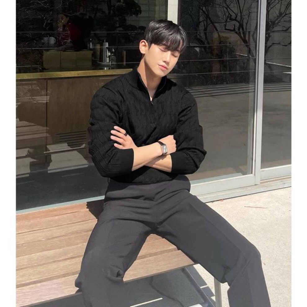 (black, XXXL) Men's Fashionable White Half Turtleneck Zipper Pullover Sweater