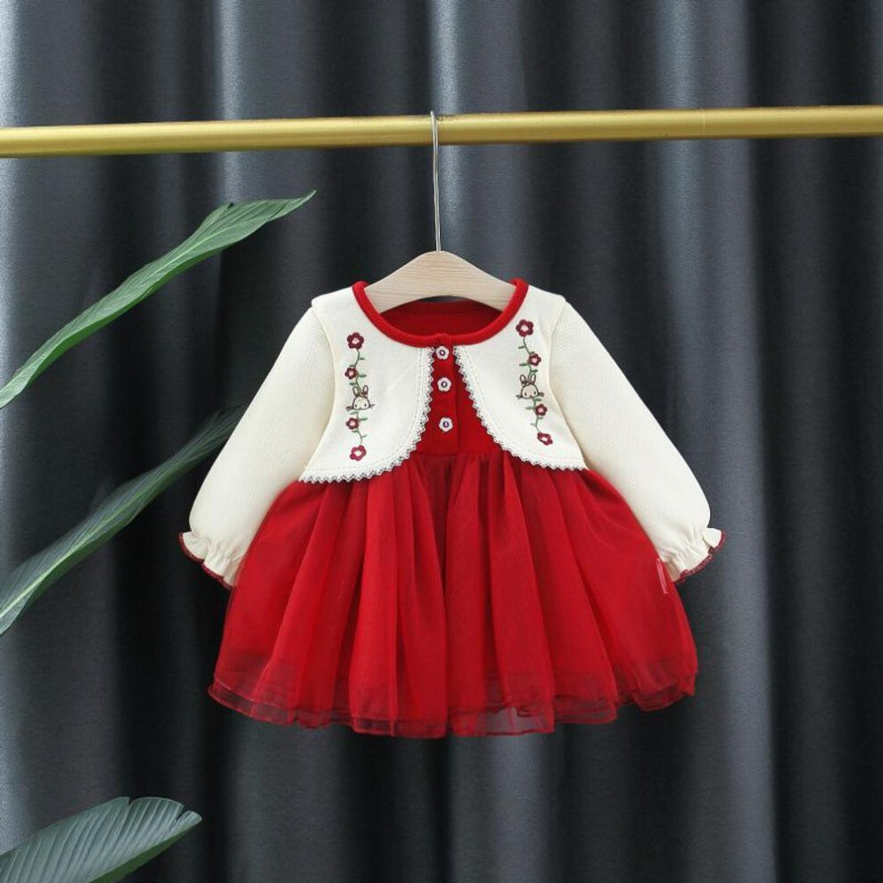 (wine red, 73 cm) "spring & Autumn Long-sleeve Mesh Skirt Dress - Western Style For Baby Girls