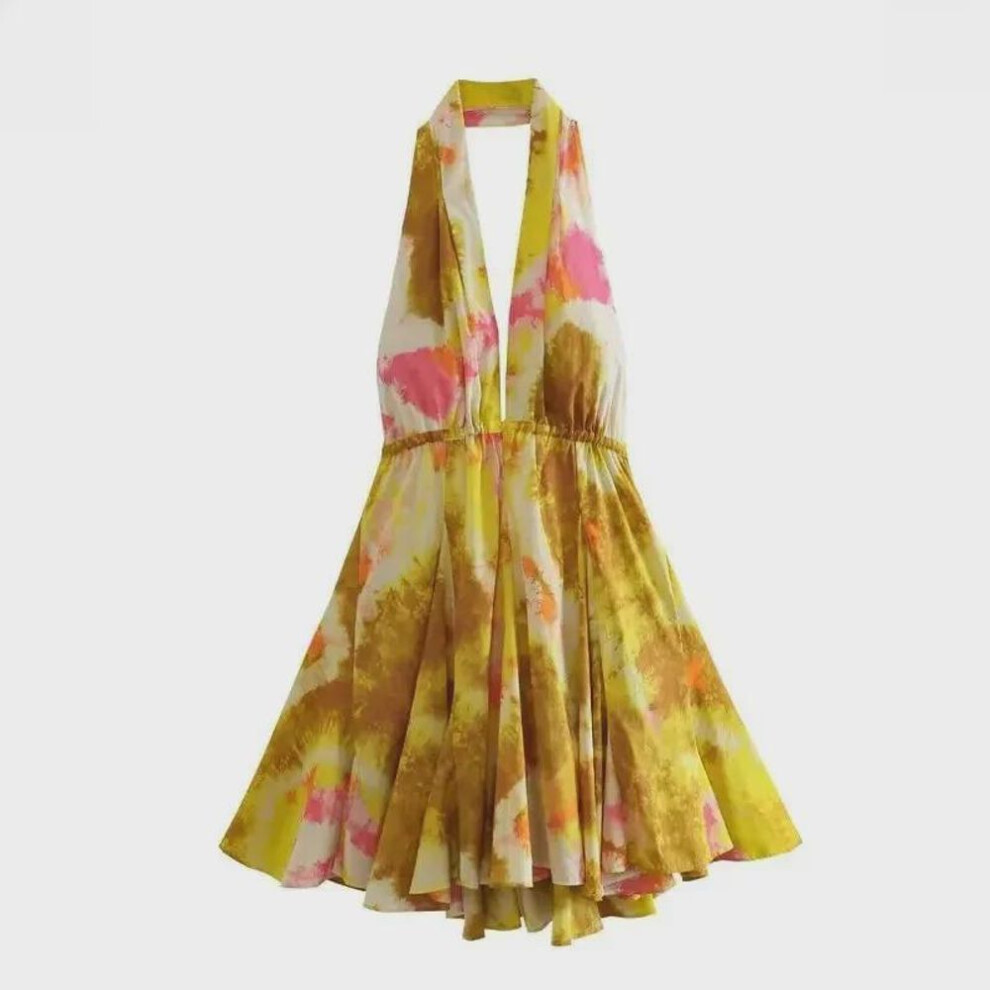 (yellow, XS) 2024 Holiday Style Backless Cotton Halter Neck Printed Dress for Women
