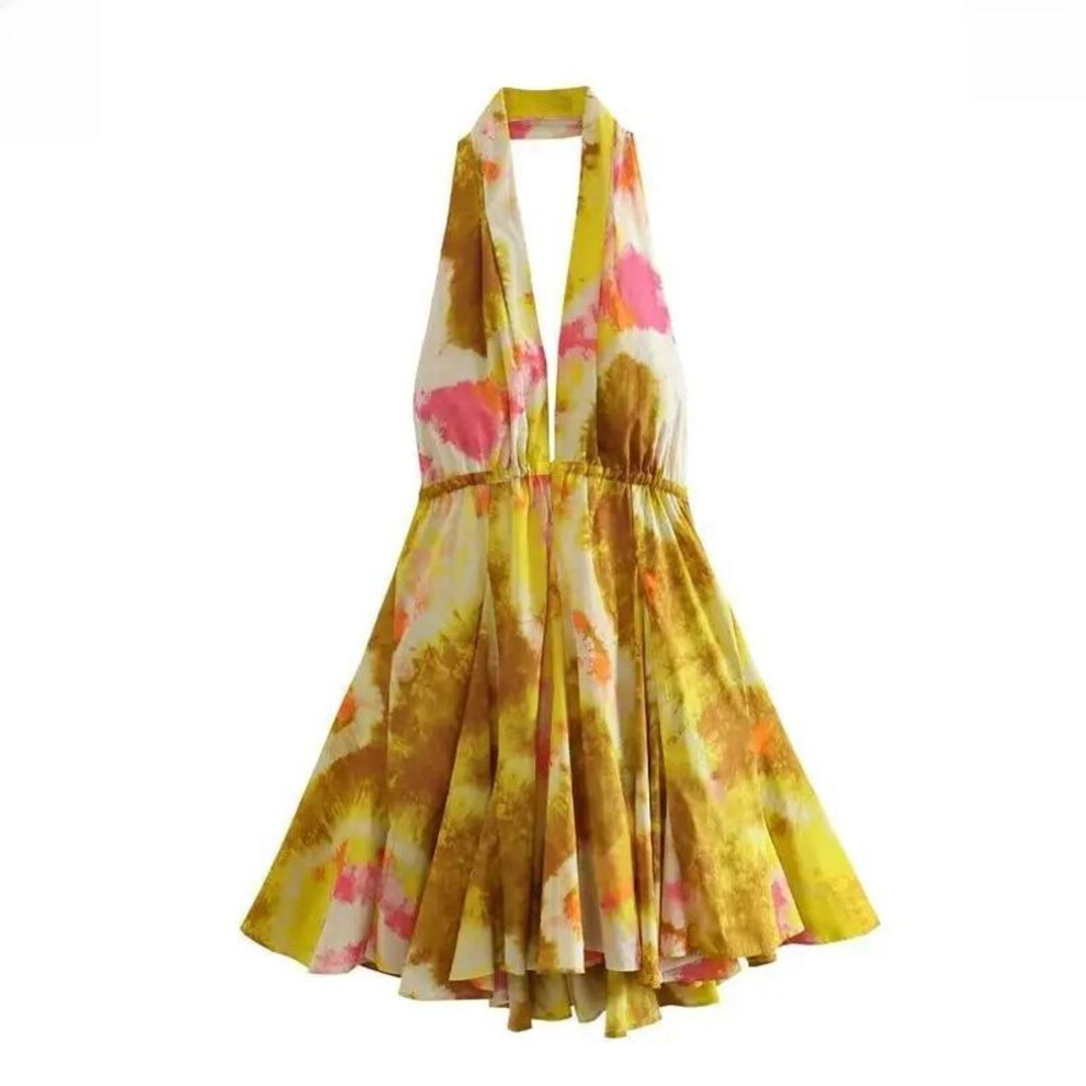 (yellow, L) 2024 Holiday Style Backless Cotton Halter Neck Printed Dress for Women