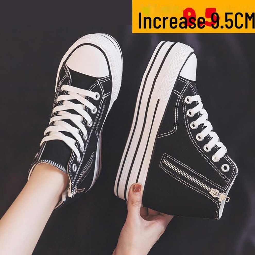 (black, 35) 2024 Spring Women's High-Top Platform Canvas Shoes, Classic Lace-Up, Thick-Soled Casual Design, Height-Boosting Sneaker