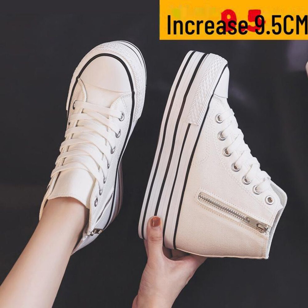 (white, 36) 2024 Spring Women's High-Top Platform Canvas Shoes, Classic Lace-Up, Thick-Soled Casual Design, Height-Boosting Sneaker