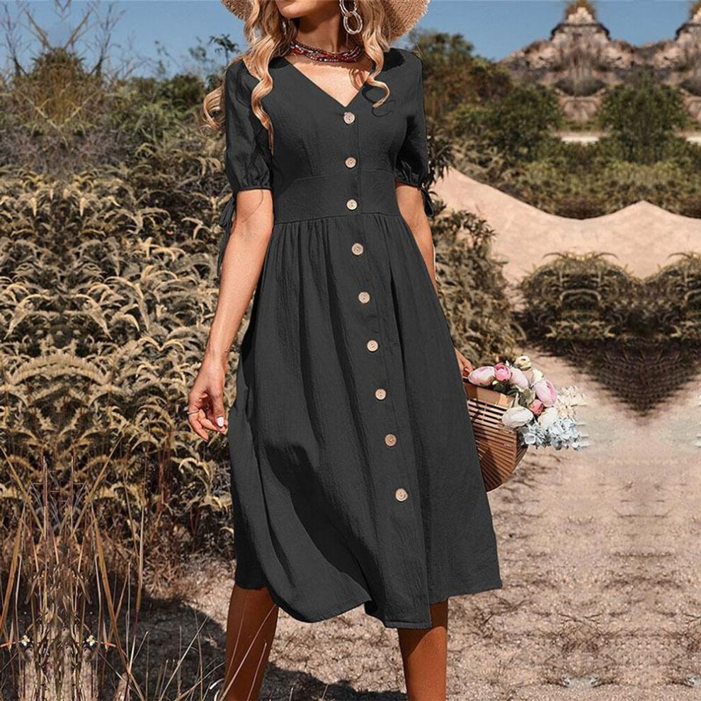 (black, M) 2024 Summer European & American Women's Cotton Linen V-neck Dress With Buttoned Short Sleeves