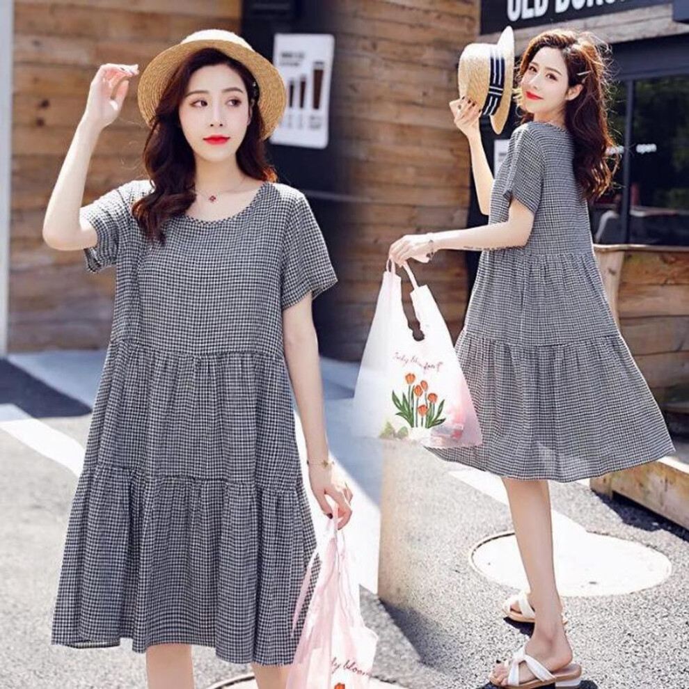 (black, XL) "women's Summer Plaid Maternity Dress - Mid-length, Loose-fit, A-line, Large Size