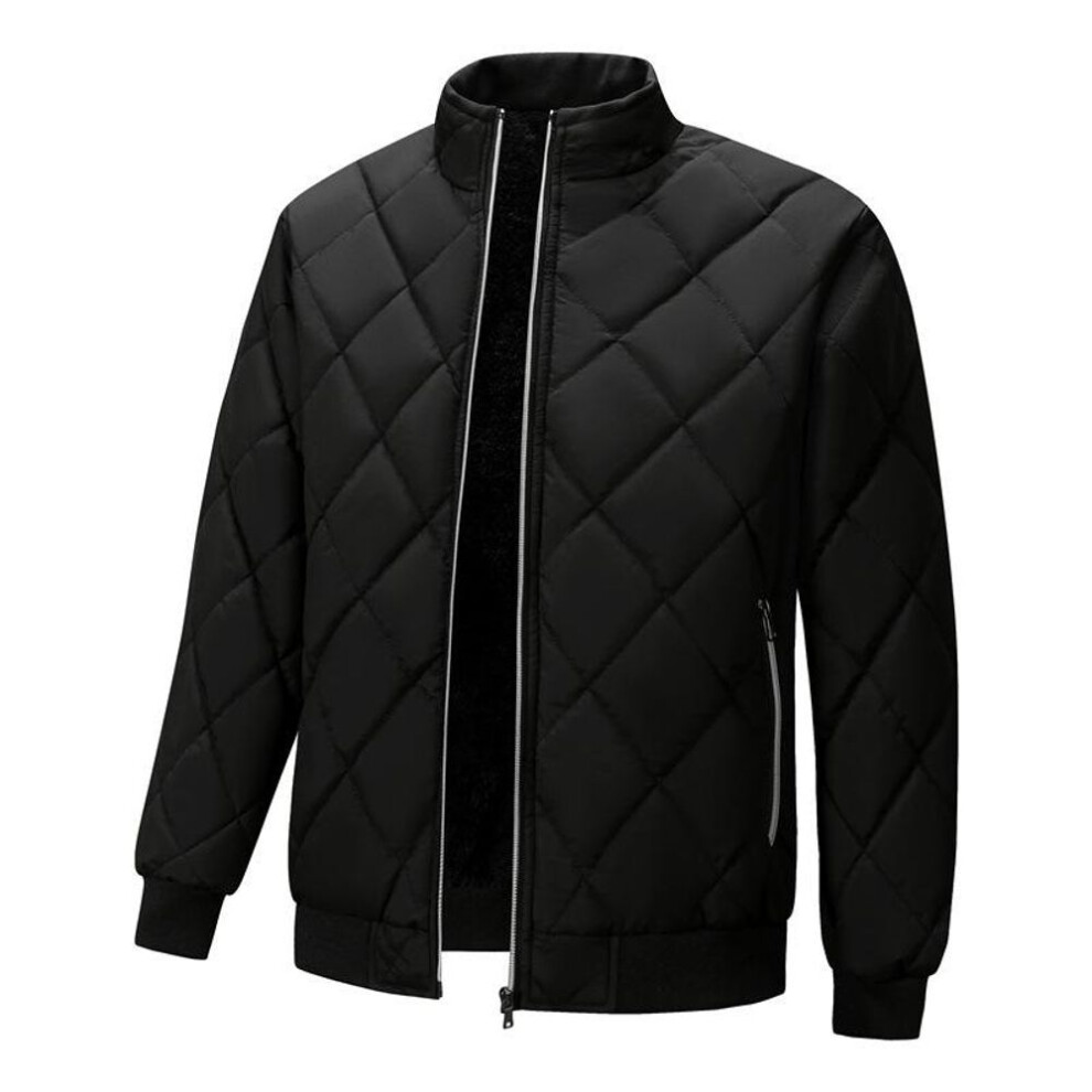 (black, XL) Men's Cross-Border Stand-Up Collar Cotton Coat: Diamond Plaid, Plus Velvet, Casual, All-Match for Middle-Aged and Youths.