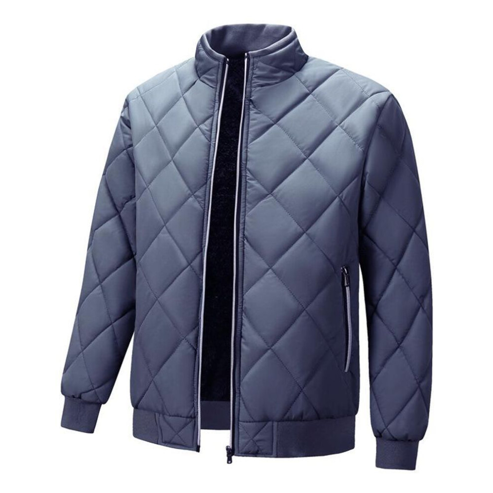 (gray, L) Men's Cross-Border Stand-Up Collar Cotton Coat: Diamond Plaid, Plus Velvet, Casual, All-Match for Middle-Aged and Youths.