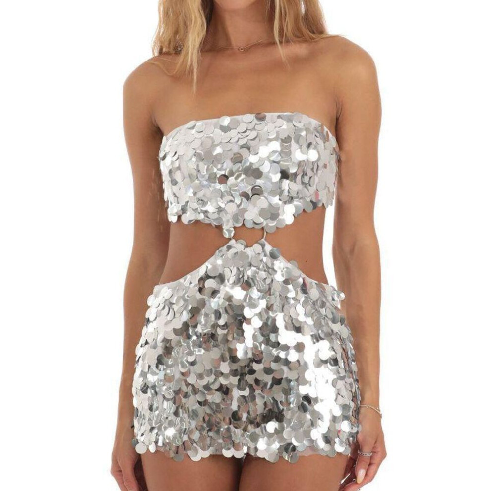 (silver, Medium) "Summer Women's Sequin Lace-Up Dress – Sexy, Stylish, Short Skirt Design