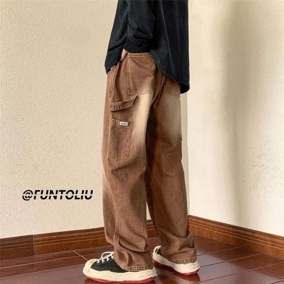 (brown, Double Extra Large) Men's American Retro Brown Wide-leg Jeans: Versatile, Loose-fit, High-street Autumn Overalls