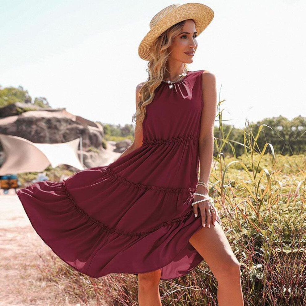 (wine red, L) "Summer Pleated Wood Ear Edge European & American Vest Dress