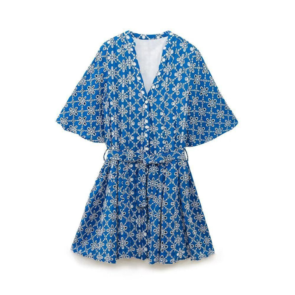 (Small) European & American Summer 2023 V-neck Blue Embroidered Waist Short Dress