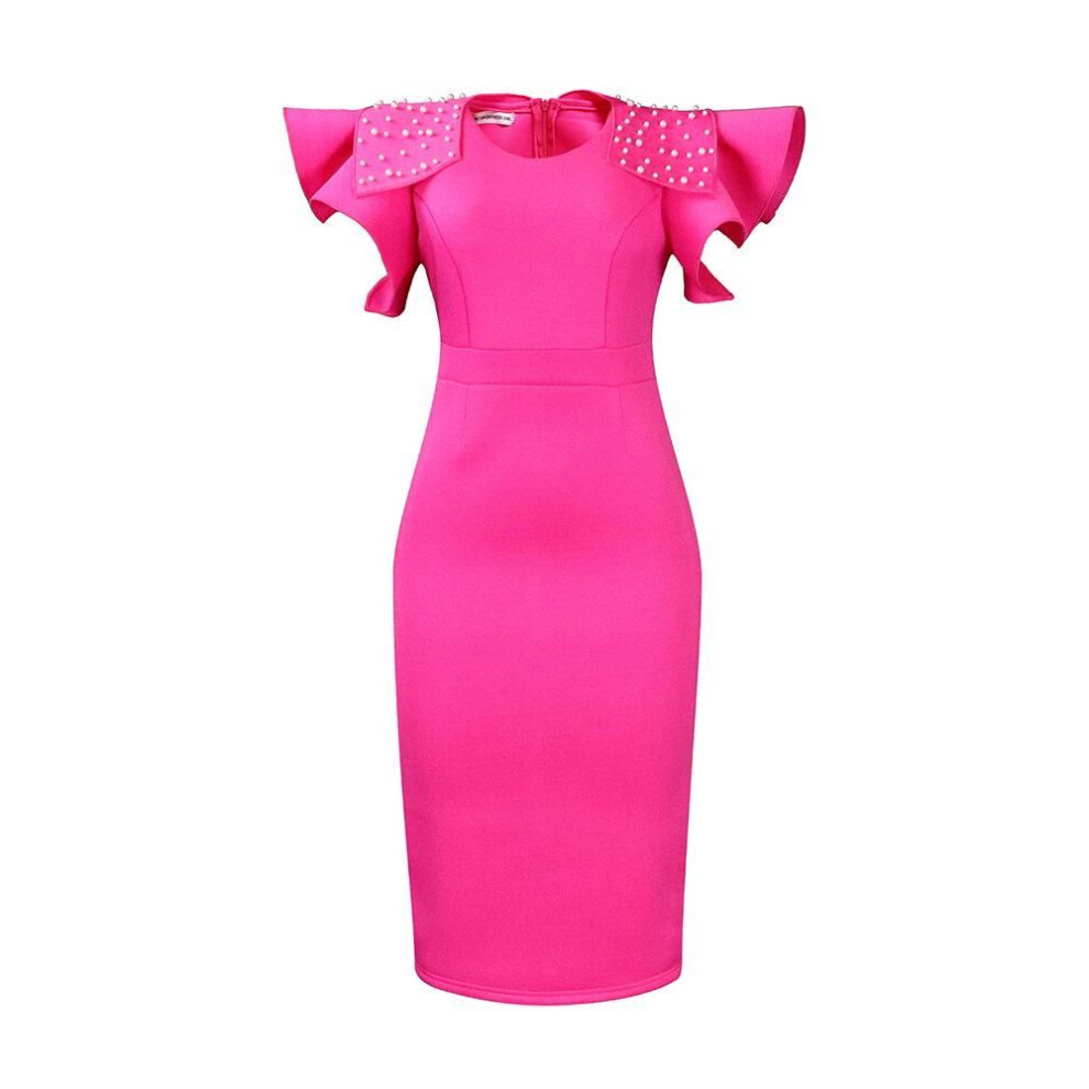 (rose red, XXL) "2024 Plus Size Women's Beaded Slit Dress with Ruffle Sleeves