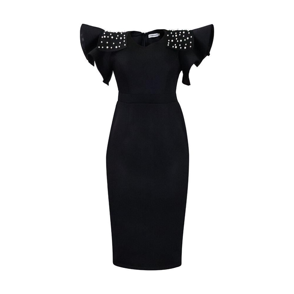 (black, L) "2024 Plus Size Women's Beaded Slit Dress with Ruffle Sleeves
