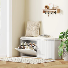 (White) HOMCOM Shoe Storage Bench with Cushion and Flip-Drawer 104x26x47.5cm
