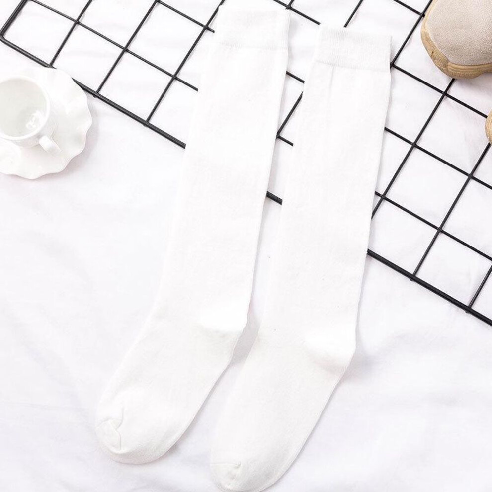 (white, One Size) Women's Solid Color Cotton Mid-calf Japanese Style Socks - Black Knee-high Jk Pile