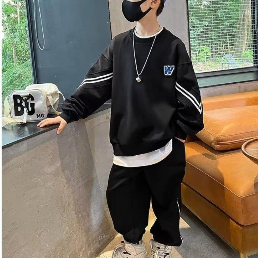 (black, 130) "Boys' Trendy Two-Piece Sports Suit 2024 - Spring/Autumn Collection for Children