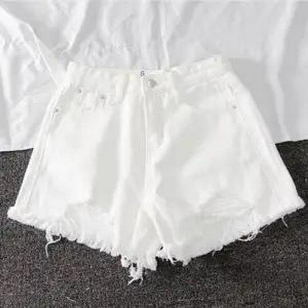 (white, L) "2022 Summer High-waist Korean Denim Shorts: Loose, Ripped, Chic, Tassel A-line, Wide-leg Hot Pants For Women