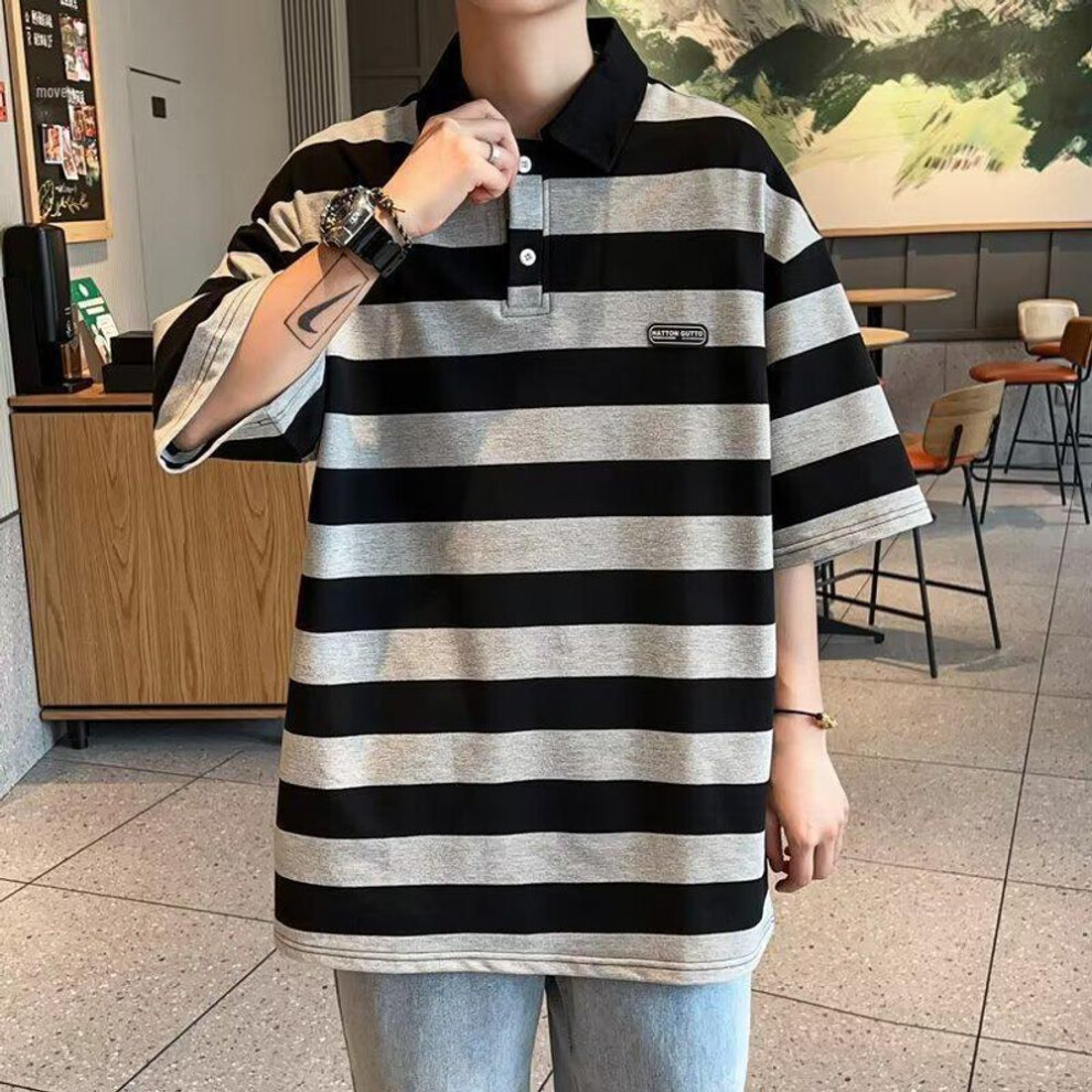 (black, XL) Men's 2024 Hong Kong-style Japanese Striped Polo Shirt: Short-sleeved, Retro American Trendy Lapel T-shirt