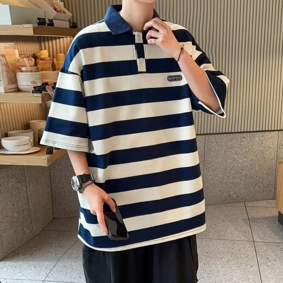 (blue, L) Men's 2024 Hong Kong-style Japanese Striped Polo Shirt: Short-sleeved, Retro American Trendy Lapel T-shirt
