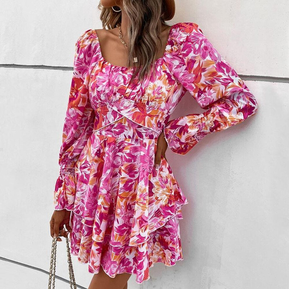 (pink, XS) Spring Sweet & Spicy European-american Women's Square Neck Print Dress With Ruffle Sleeves