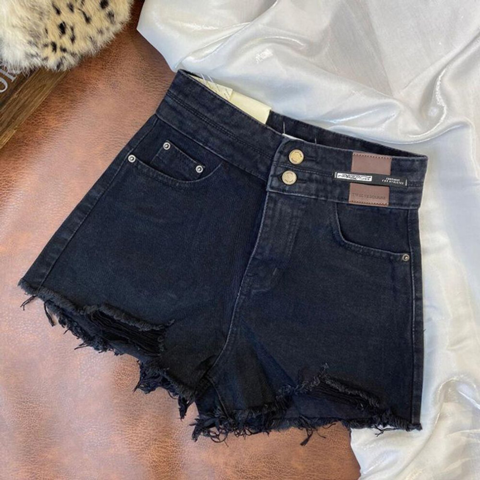 (black, XL) Women's High Waist Ripped Denim A-Line Shorts - Double Button, Wide Leg, Super Short