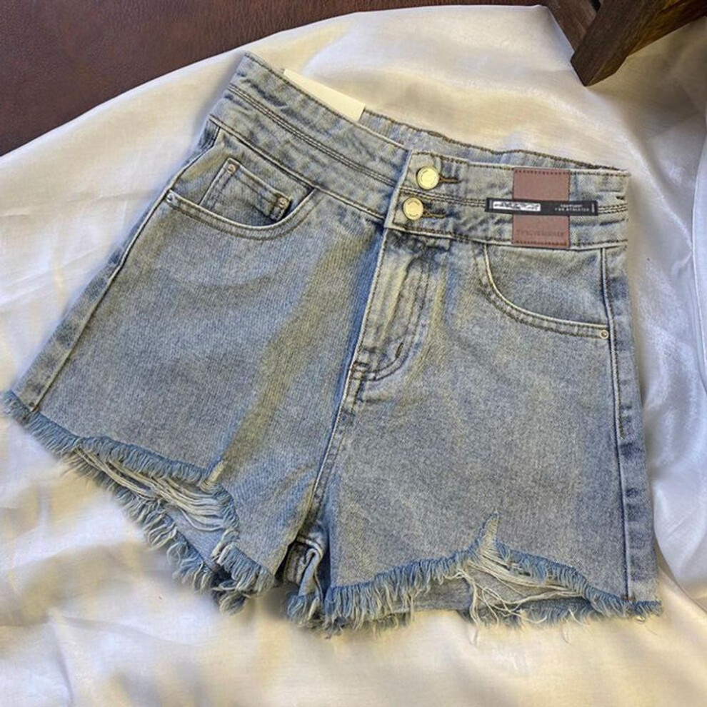 (light blue, 2XL) Women's High Waist Ripped Denim A-line Shorts - Double Button, Wide Leg, Super Short