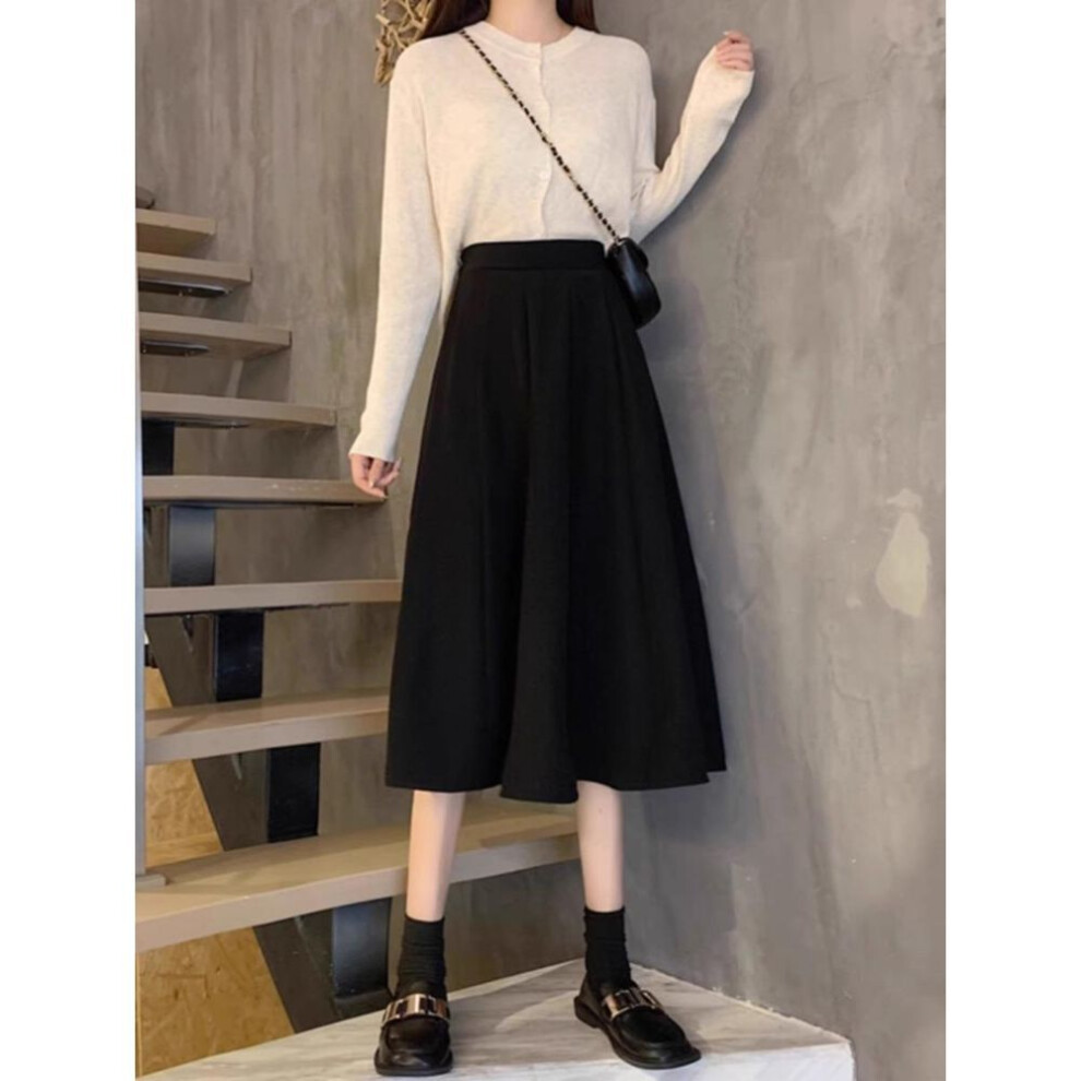 (black, 3XL) Women's Black High-Waist A-Line Skirt - Spring/Autumn 2024 - Small Size, Medium Length, Big Swing Style.