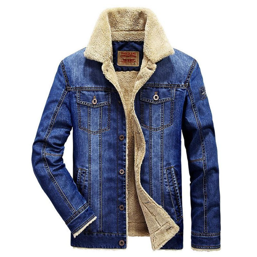 (light blue, M) "men's Casual Denim Jacket: Cotton-padded, Large Size, Plus Velvet, Multi-pocket, Lambskin-style