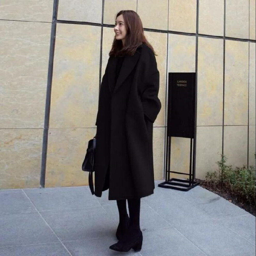 (black, 3XL) Korean Style Women's Wool Coat, Large Size, Loose Fit, Thickened for Autumn and Winter, Mid-Length.