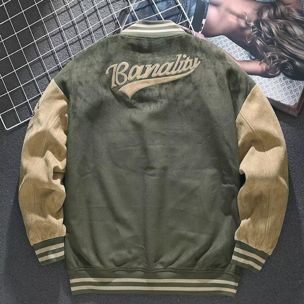 (green, L (50-60 kg)) Men's Retro Suede Baseball Jacket - Embroidered Loose-Fit Bomber for Spring/Fall