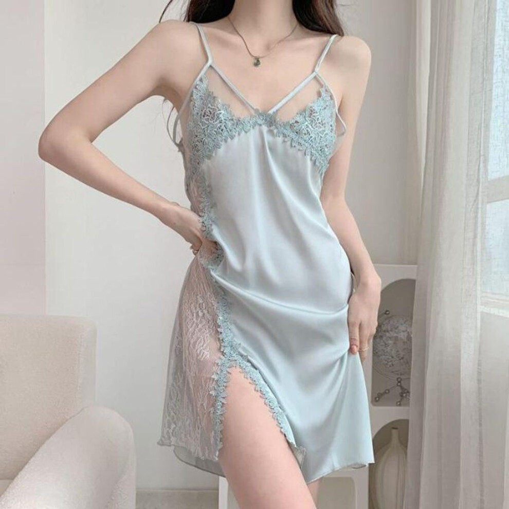 (light blue, Medium) "2024 Women's Summer Lace Backless Ice Silk Suspender Nightdress and Sexy Pajamas