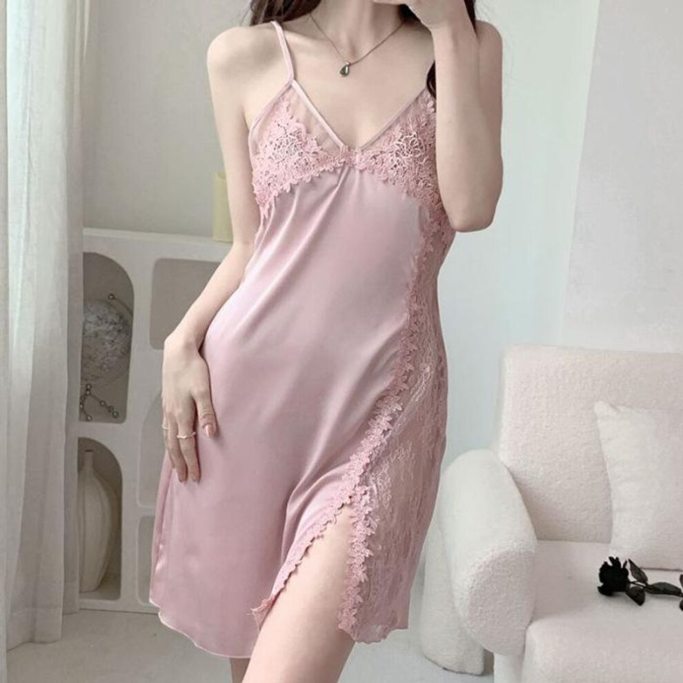 (pink, Medium) "2024 Women's Summer Lace Backless Ice Silk Suspender Nightdress and Sexy Pajamas