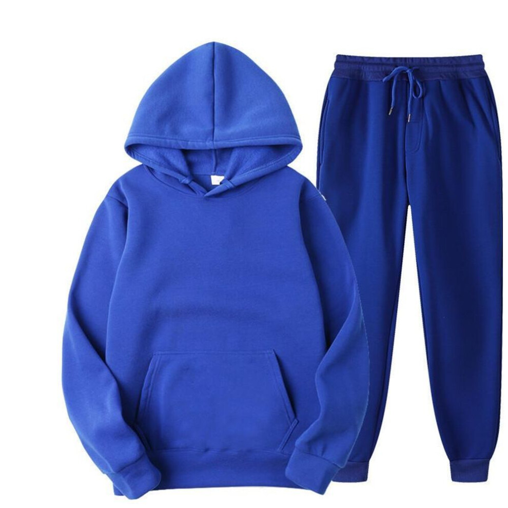 (blue, L) "2023 Men's Solid Color Fleece Pullover Hoodie and Sweatpants Set