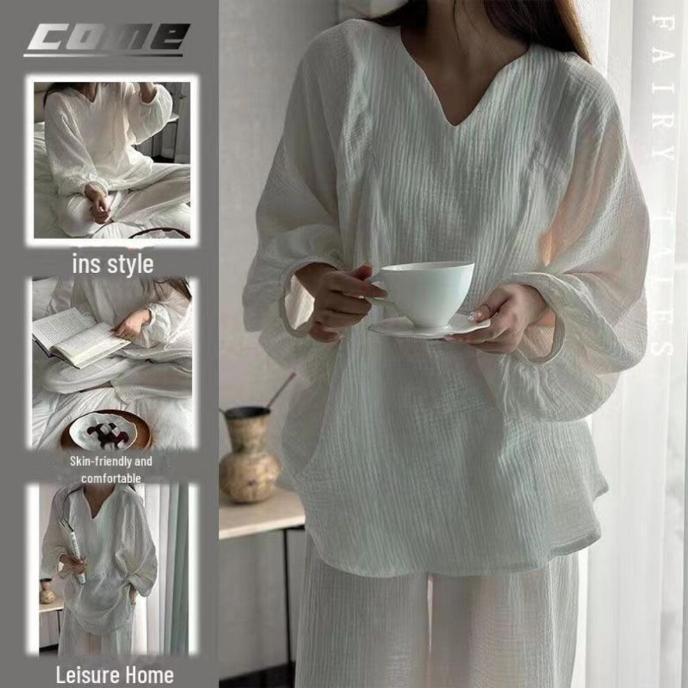 (L) Korean White Bubble Wrinkled Long-Sleeve Pajamas for Women - Loose, Casual Princess Style Home Suit for Spring and Autumn