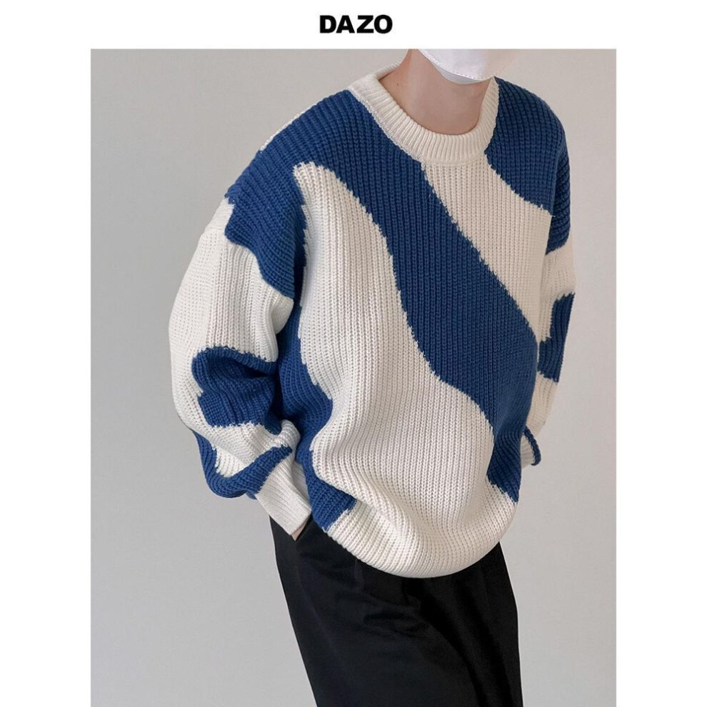 (blue, XL) Boys' Autumn/Winter Cow-Pattern Loose Fit Knit Pullover Sweater, Korean Style