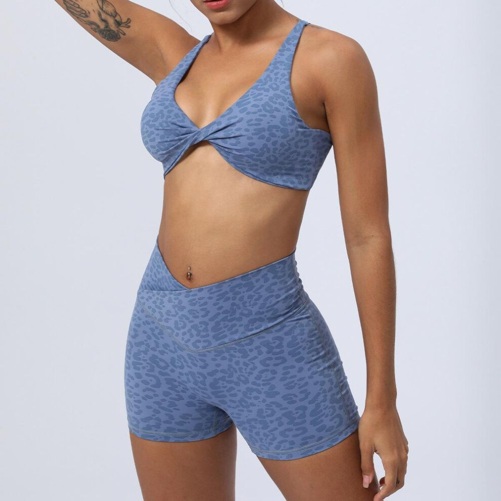 (azure, S (recommended 80-100 lbs)) Leopard Print Yoga Suit: European & American Style, Hip-Lifting, Twist-Cross Design, Tight Fit Running & Fitness Outfit for Women