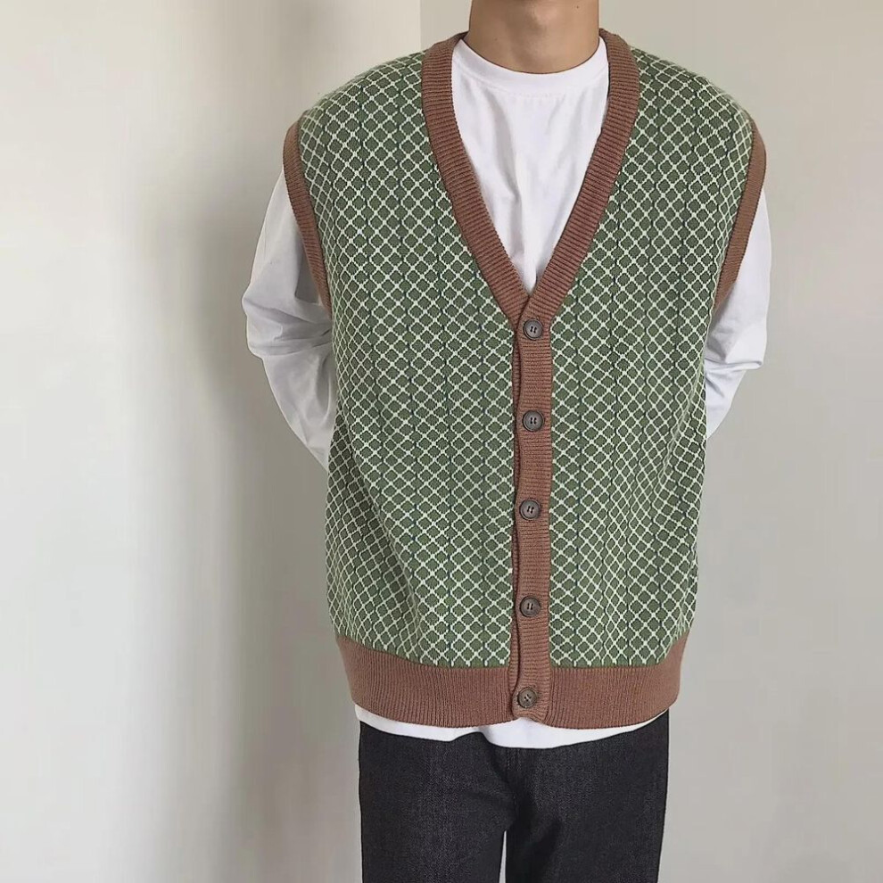 (green, XXL) Men's Single-Breasted V-Neck Loose Cardigan Sweater - Autumn Style, Sleeveless, Knitted, Popular Streetwear