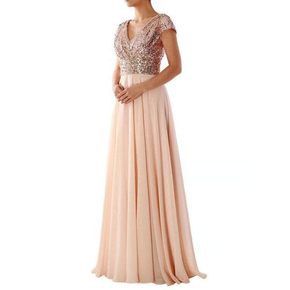 (apricot, XL) New V-neck Sequined Chiffon Evening Dress