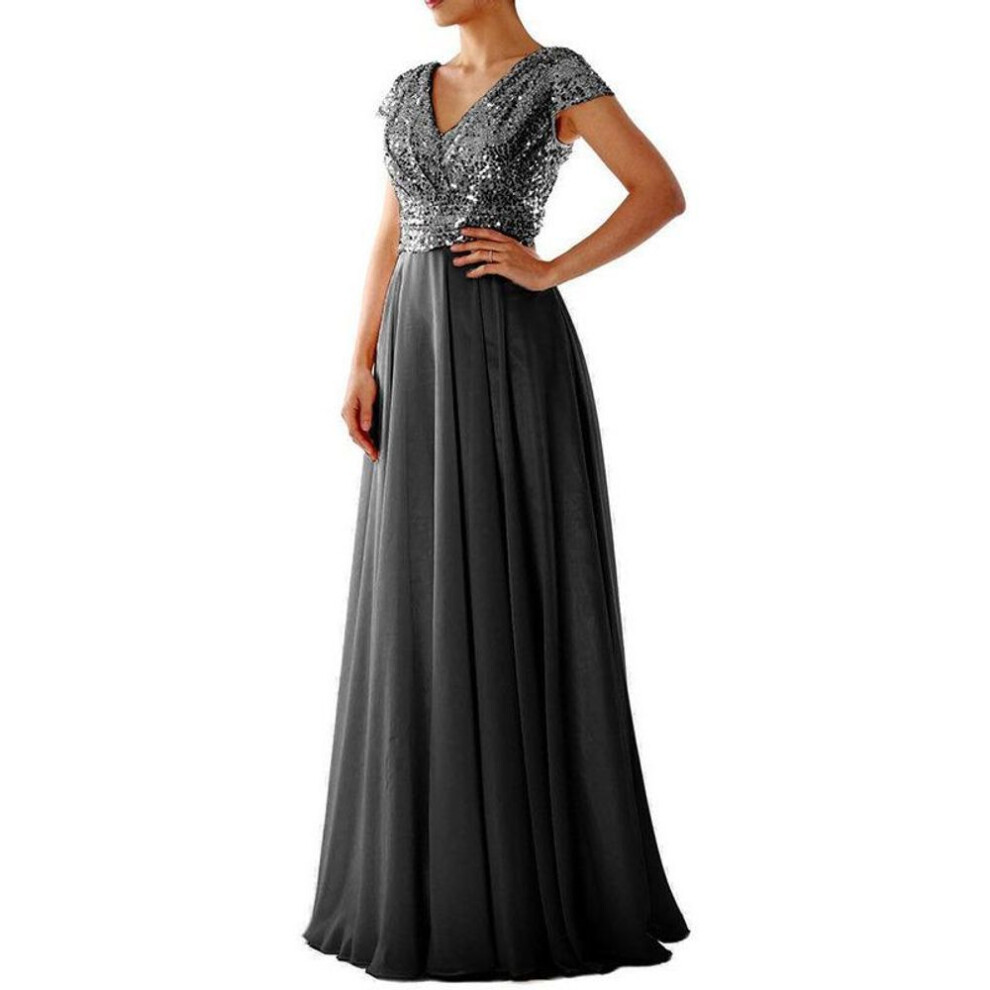 (black, XL) New V-Neck Sequined Chiffon Evening Dress
